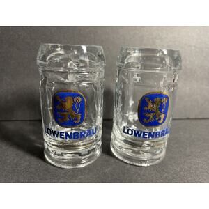 Set of 2 Vintage Lowenbrau Mini Beer Stein Mug Shot Glass Classic Lion Logo